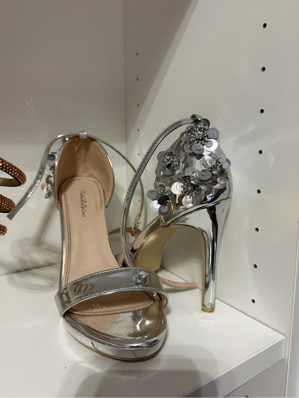 Silver Sequin Floral Ankle-Strap High Heel Sandals